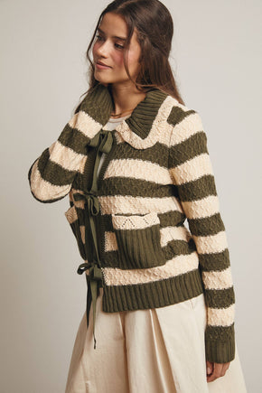 Dark Olive Striped Knit Peter Pan Collar Cardigan