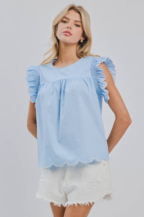 Plus Powder Blue Scalloped Flutter Sleeve Blouse