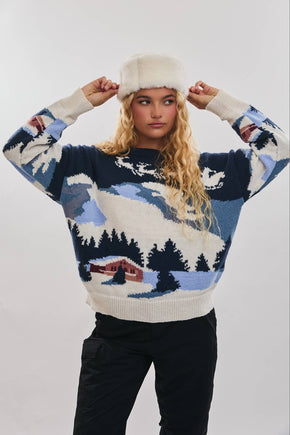 Navy Ski Village Graphic Sweater