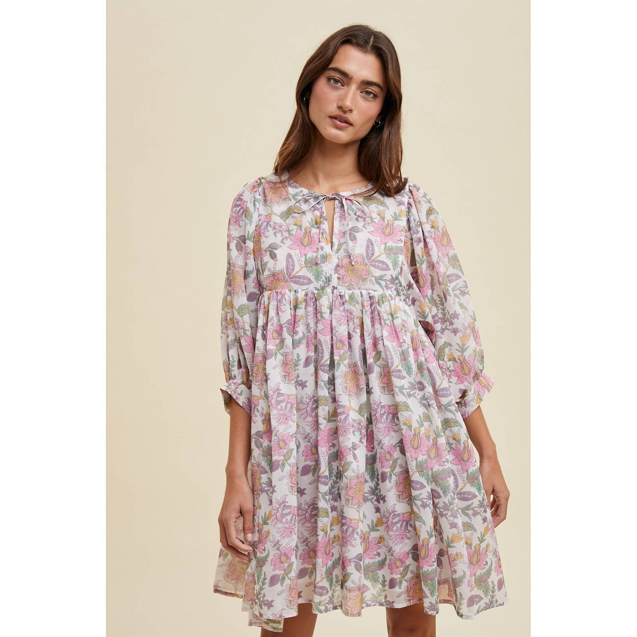 Cream & Pink Floral Balloon Sleeve Mini Dress