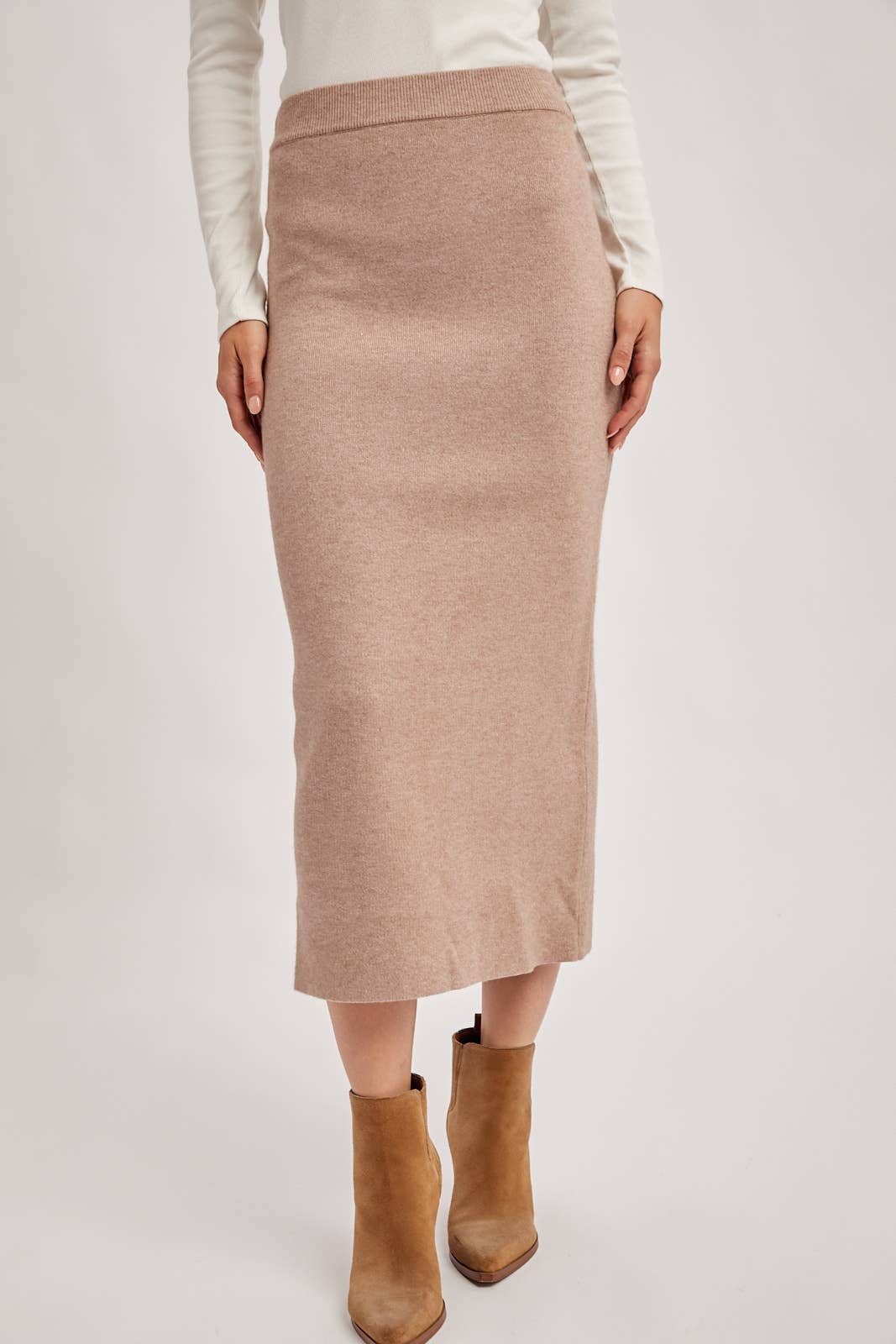 Latte Ribbed Knit Midi Skirt
