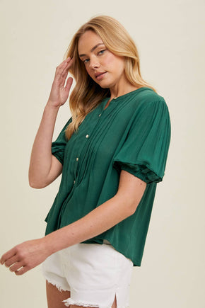 Green Balloon Sleeve Pleated Blouse