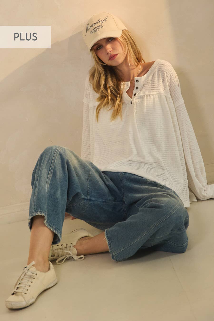 Plus White Textured Knit Henley Blouse