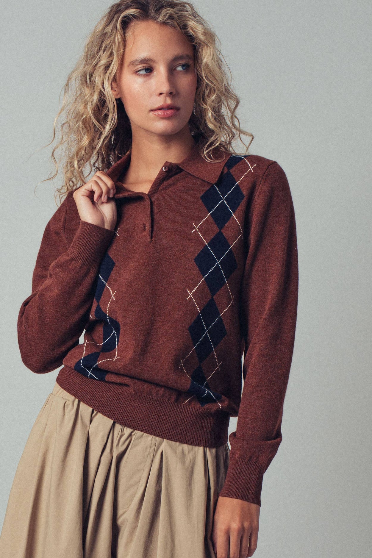 Brown Classic Argyle Knit Polo Sweater