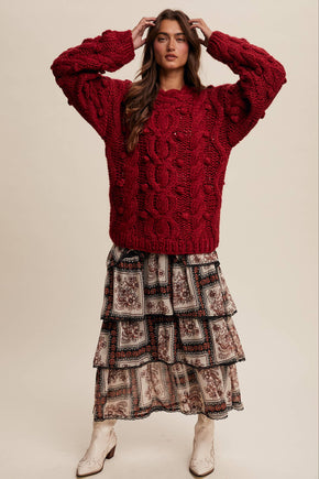 Red Chunky Cable Knit Sweater