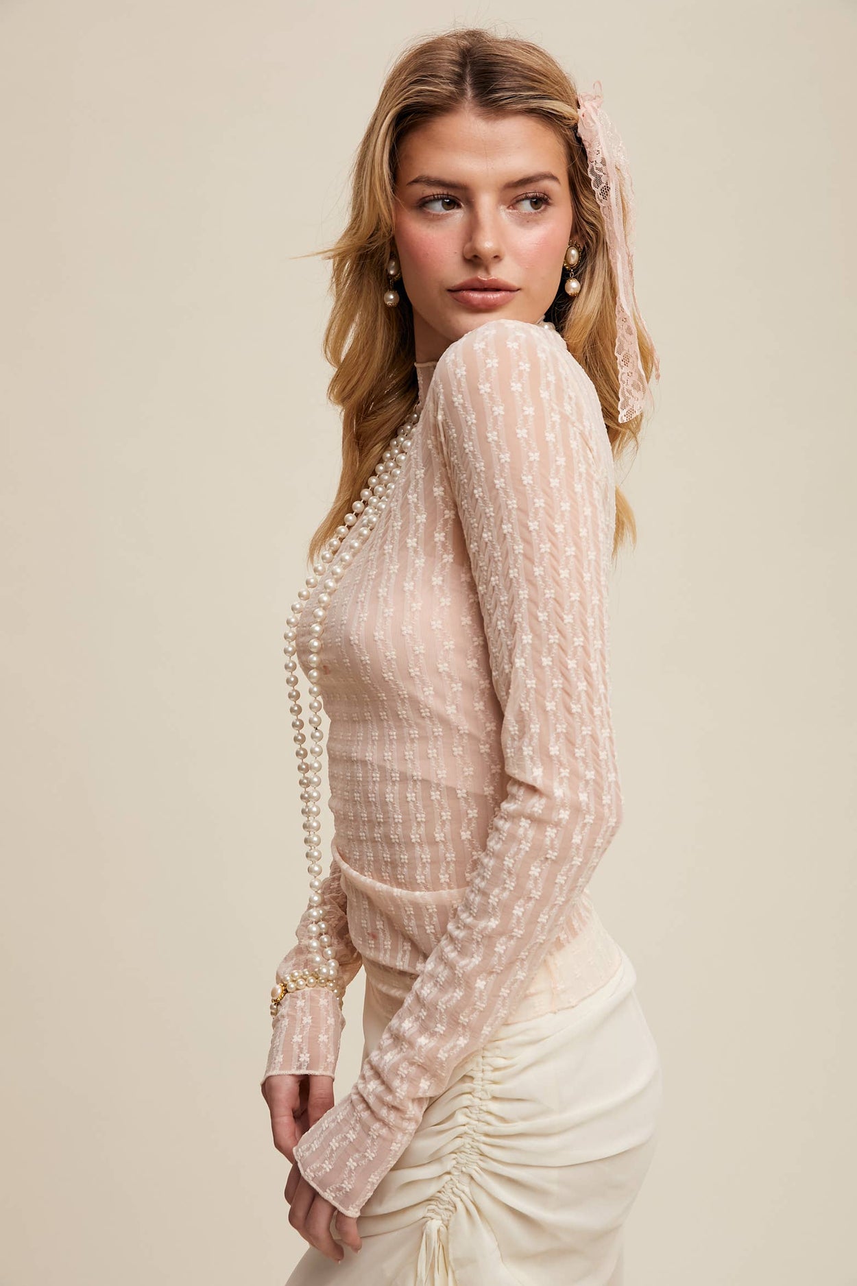 Semi Sheer Textured Lace Long-Sleeve Layering Top