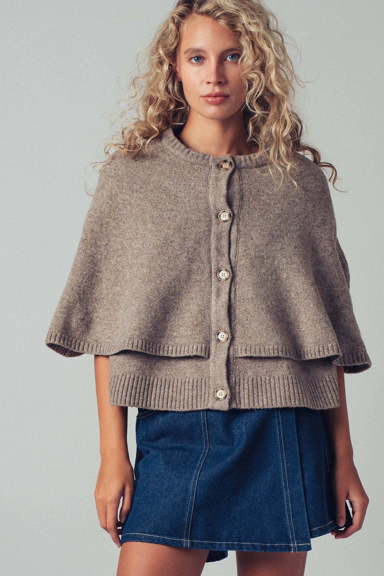 Mocha Wool Blend Button-Front Sweater Cape