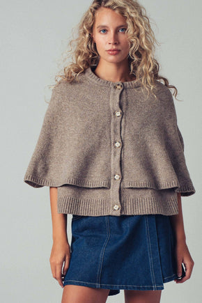 Mocha Wool Blend Button-Front Sweater Cape