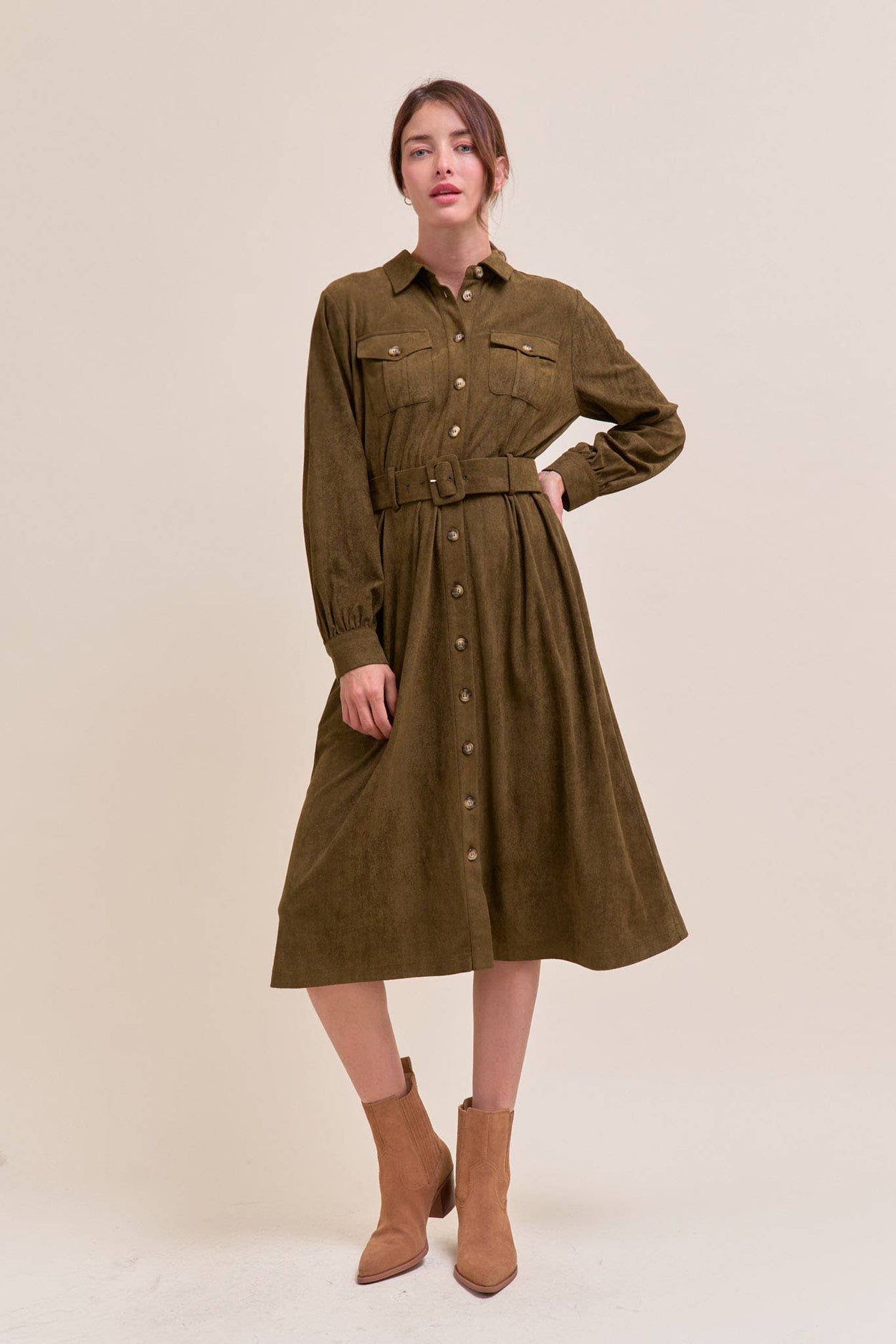 Olive Suede Shirt Dress