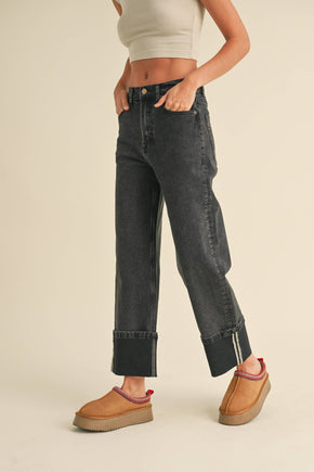 Black Straight Leg Cuffed Jeans