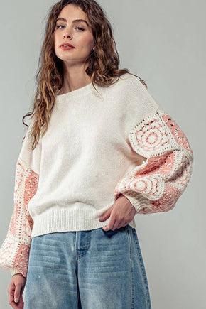 Ivory Quilt Blocked Sleeve Crewneck Sweater