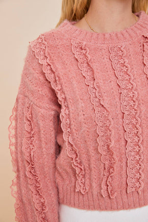 Pink Lace Ruffle Knit Top