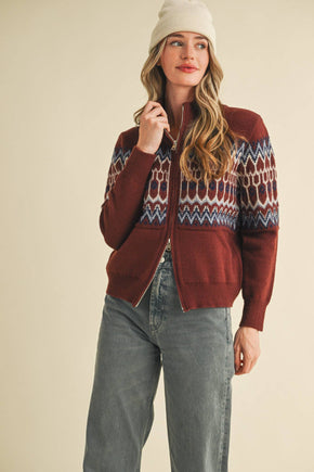 Cocoa Brown Fair Isle Zip Up Sweater