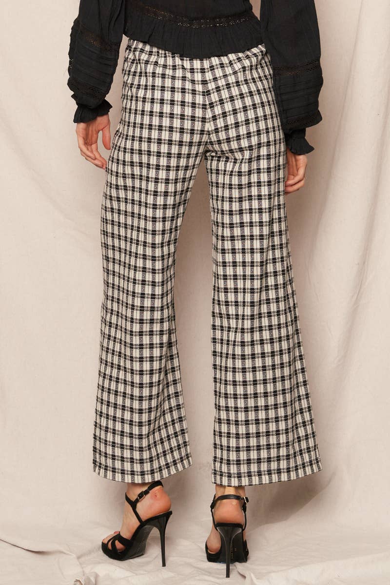 Ivory & Black Plaid Wide Leg Pants with Back Elastic