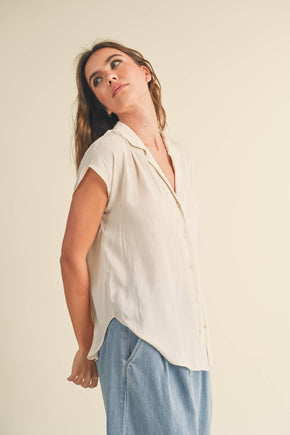 White Button Down Cap Sleeve Blouse