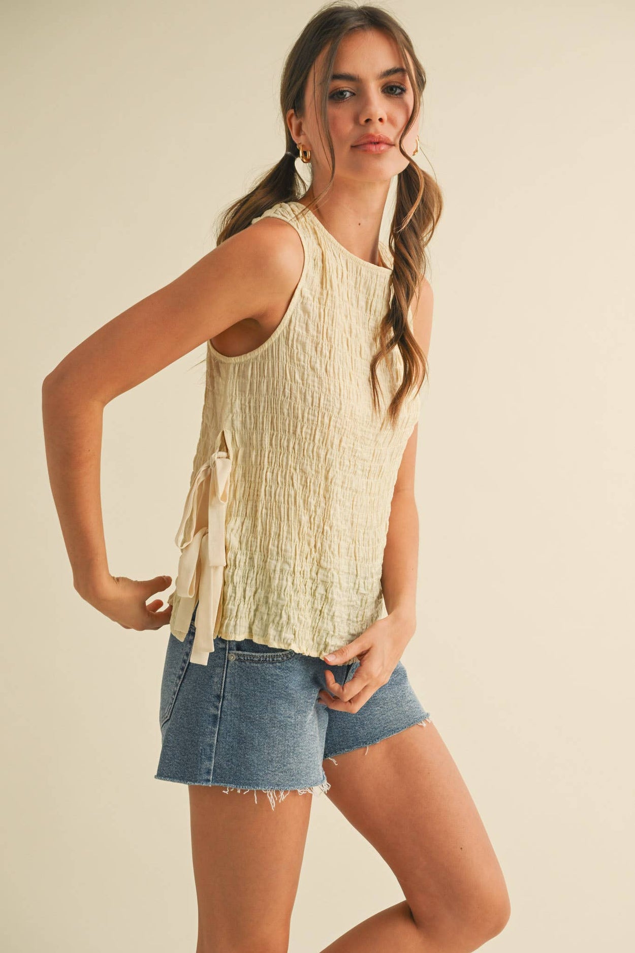 Custard Cream Crinkle Texture Side Tying Tank