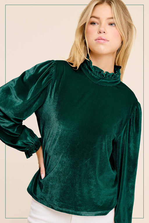 Emerald Soft Velvet Long Puff Sleeve Blouse Holiday Top