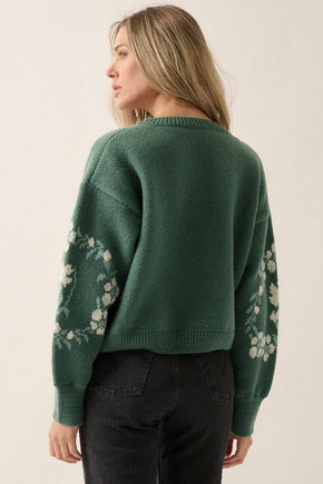 Green Floral Round Neck Sweater