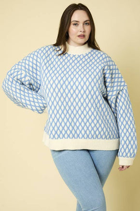 Plus White & Blue Mock Neck Sweater