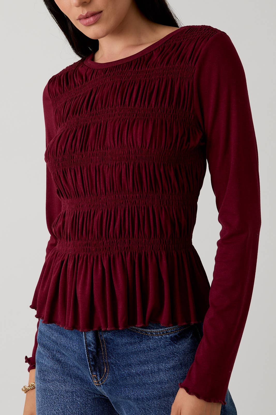 Burgundy Round Neck Long Sleeve Smocked Top