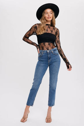 Black Floral Embroidery Lace Mesh Layering Top