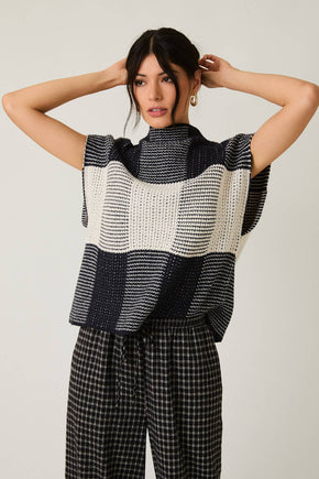 Cream & Black High Neck Wide Shoulder Top