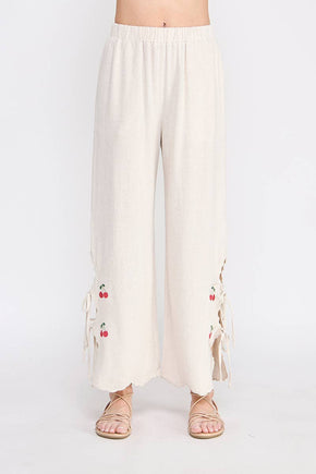 Soft Linen Cherry Embroidered Pants