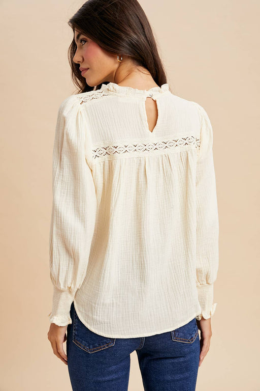 Buttercream Ruffled Gauze Blouse With Lace Insets