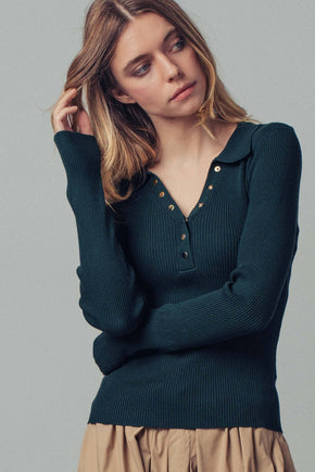 Green Classic Fitted Ribbed Knit Polo Sweater