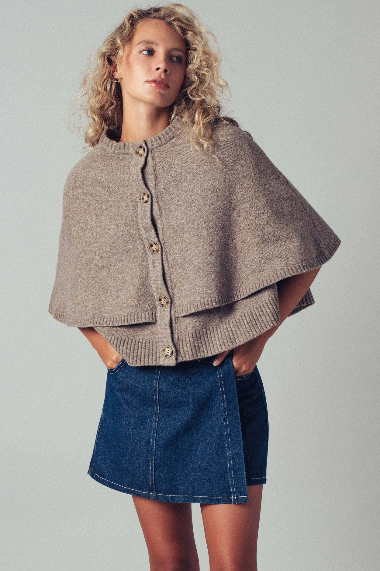 Mocha Wool Blend Button-Front Sweater Cape