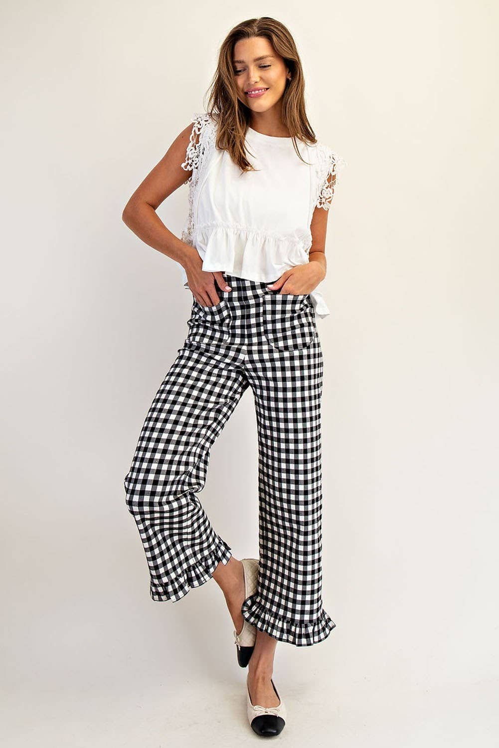 Black Gingham Ruffle Trim Straight Leg Pants