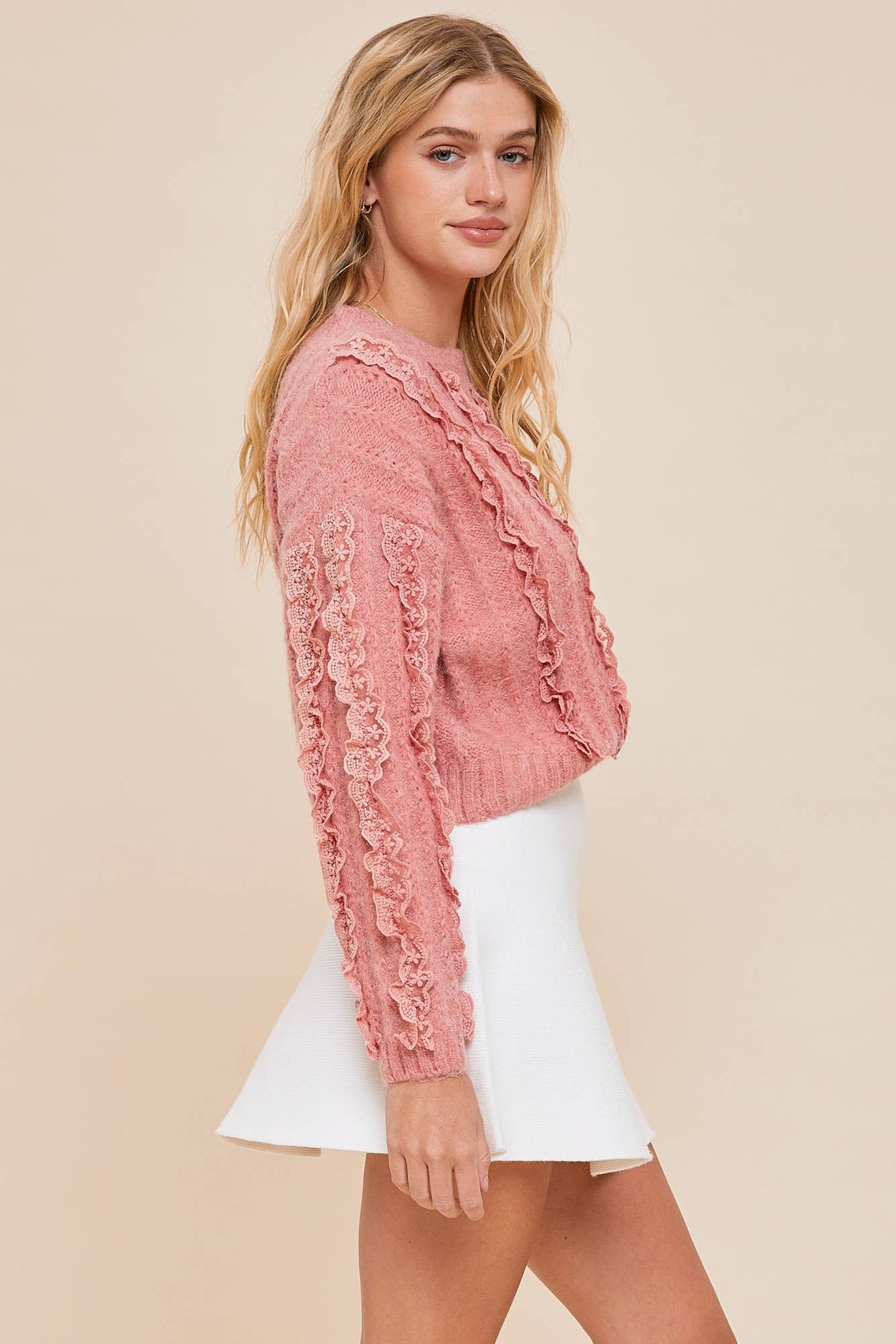 Pink Lace Ruffle Knit Top