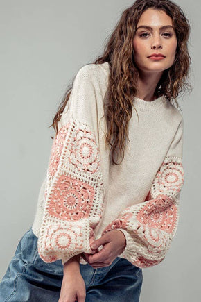 Ivory Quilt Blocked Sleeve Crewneck Sweater