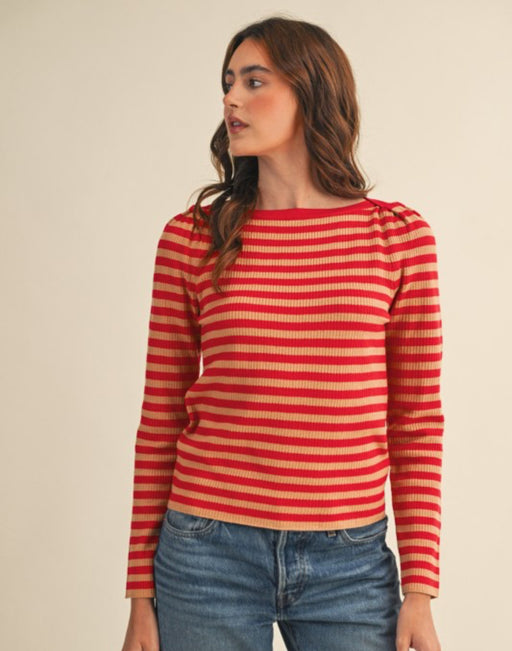 Red Taupe Striped Boat Neck Sweater