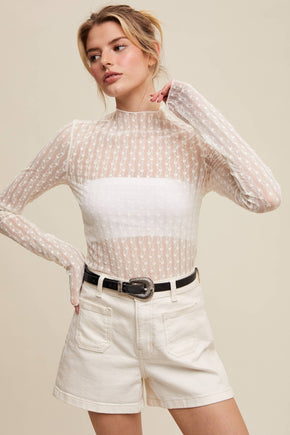 Semi Sheer Textured Lace Long-Sleeve Layering Top