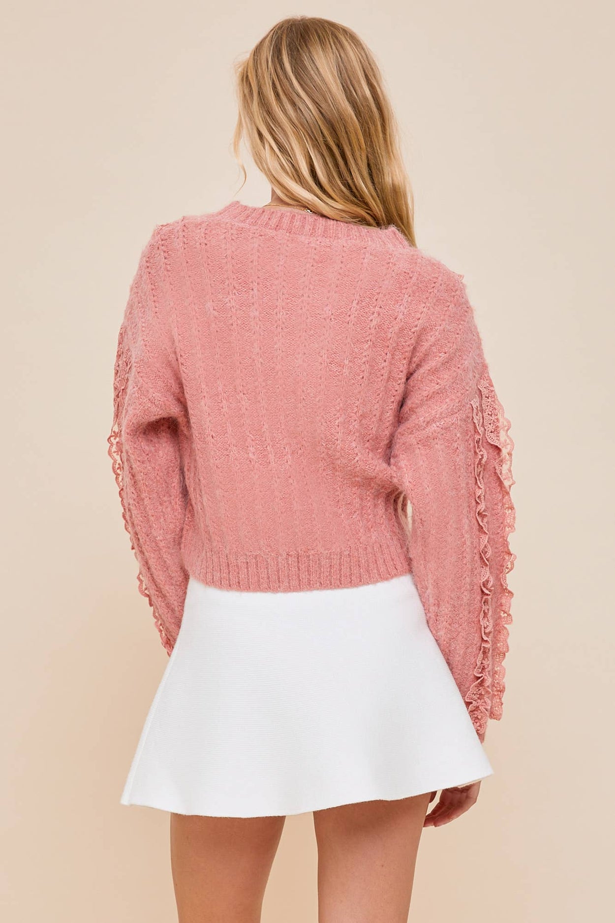 Pink Lace Ruffle Knit Top