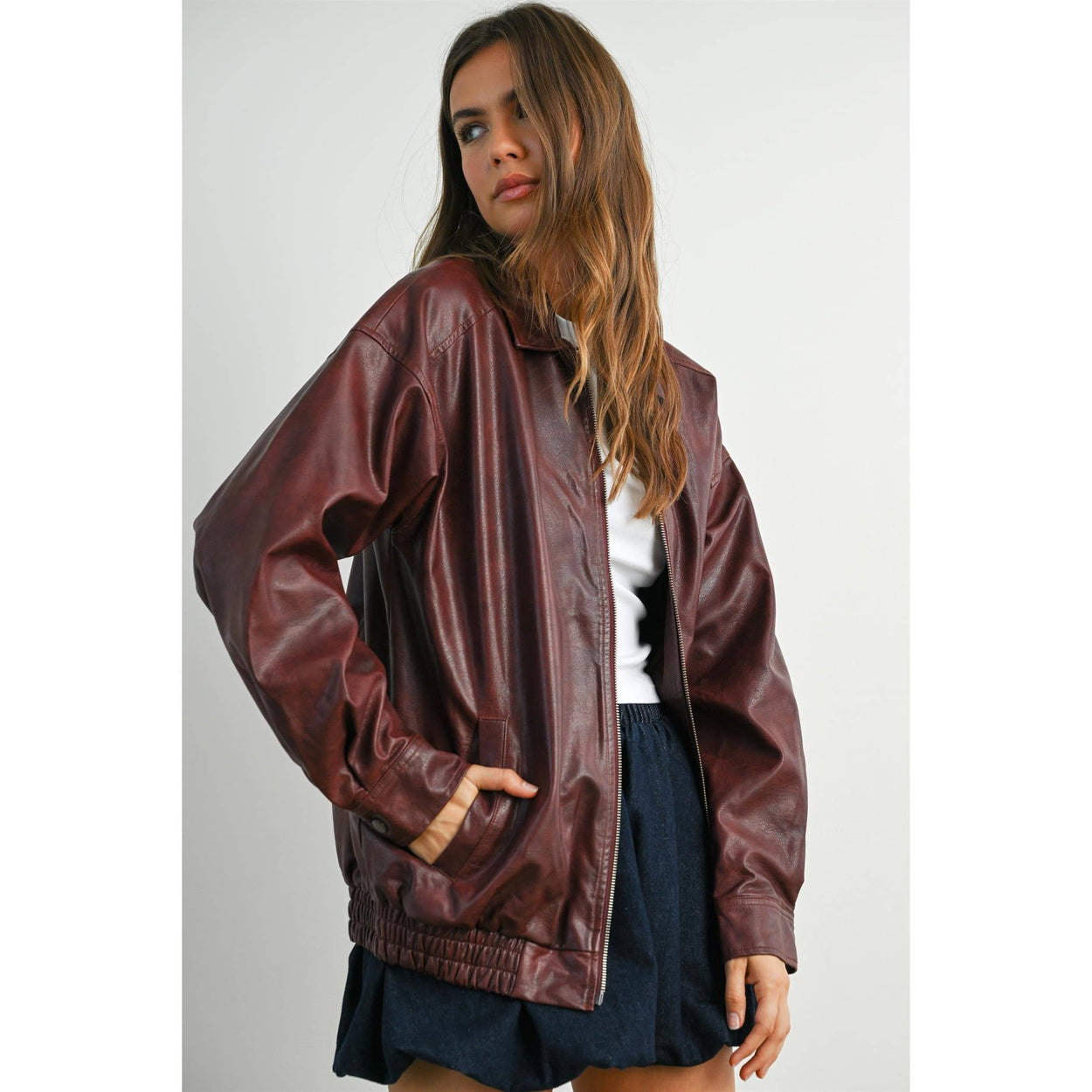 Wine Collared Zip-Front Leather Jacket