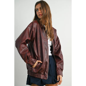 Wine Collared Zip-Front Leather Jacket