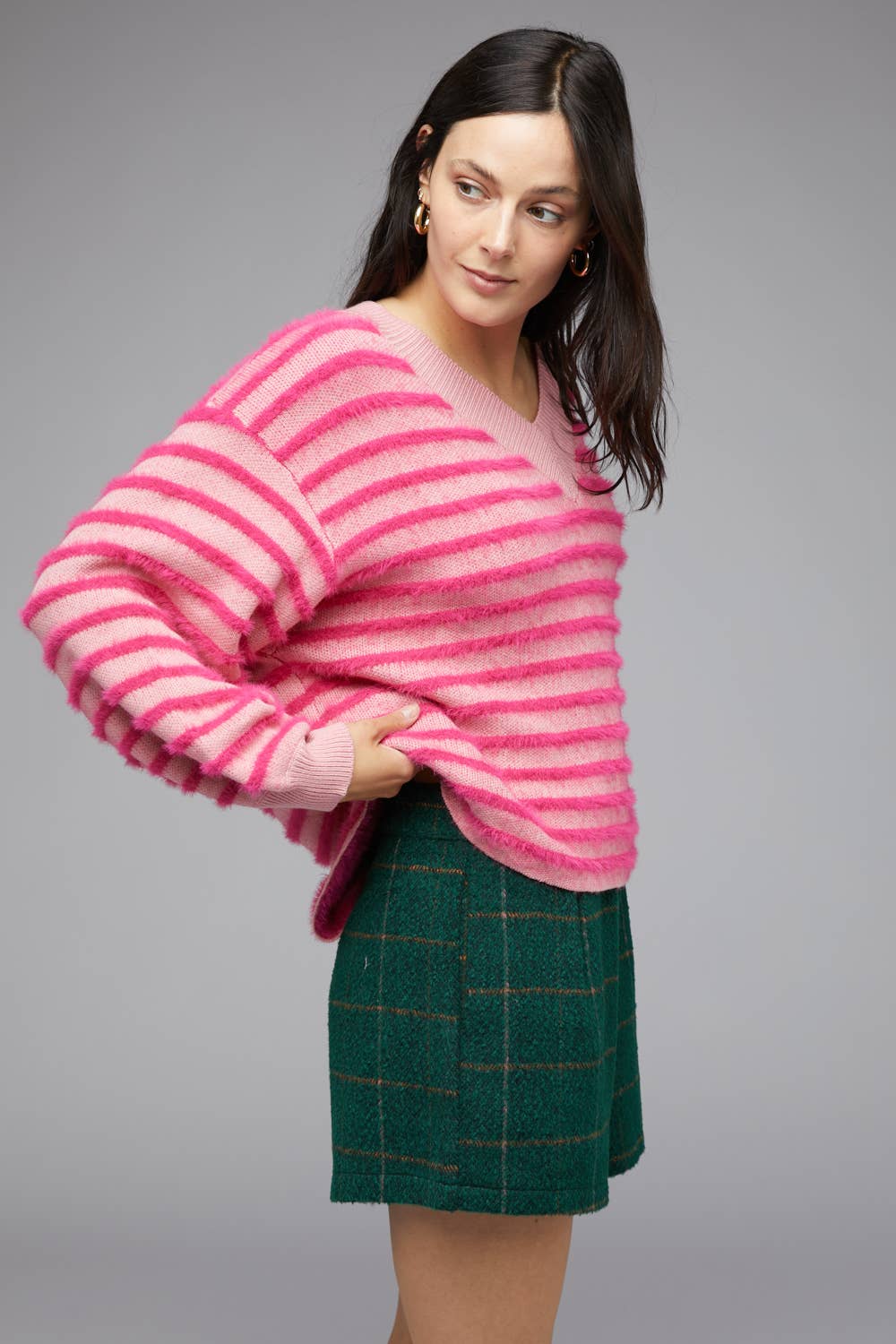 Plus Magenta Fuzzy Stripe V-Neck Knit Top