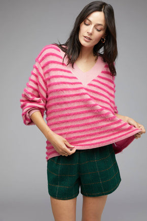 Plus Magenta Fuzzy Stripe V-Neck Knit Top