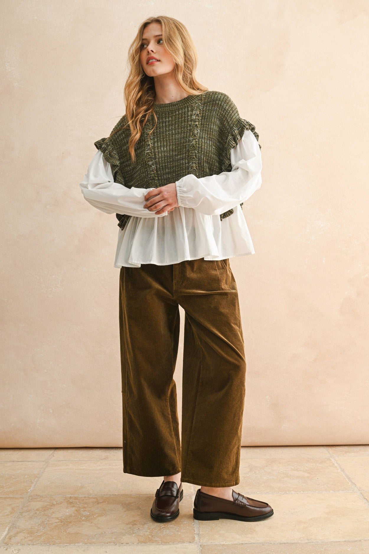 Olive Sweater Combo Long Sleeve Blouse