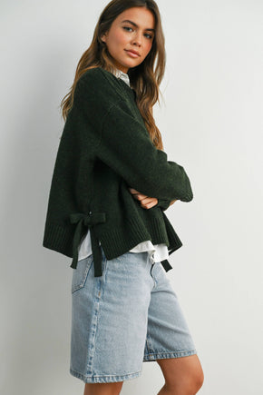 Olive Tie Split-Hem Crewneck Long Sleeve Top