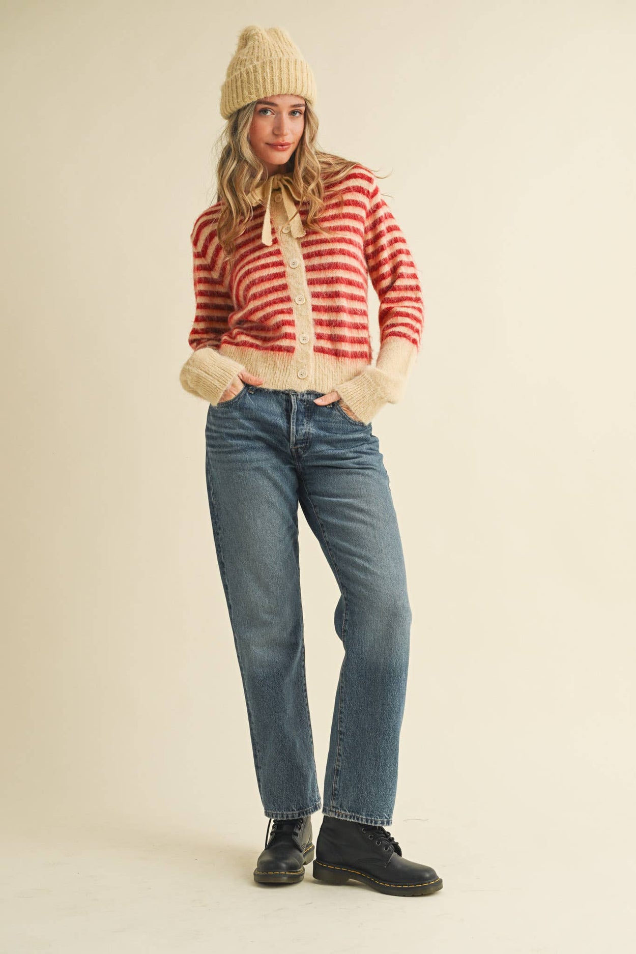 Cream Red Striped Hoodie Sweater Cardigan