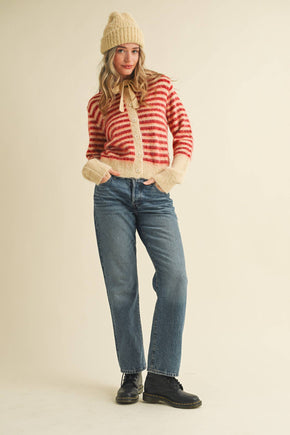 Cream Red Striped Hoodie Sweater Cardigan