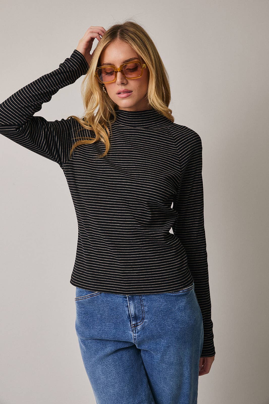 Black & Taupe Mock Neck Long Sleeve Stripe Top