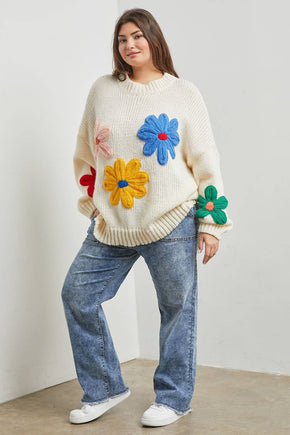 Plus Cream Knit Sweater With Flower Detail