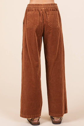 Olive Corduroy Semi WIde Leg Elastic Waist Pants