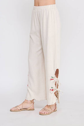 Soft Linen Cherry Embroidered Pants