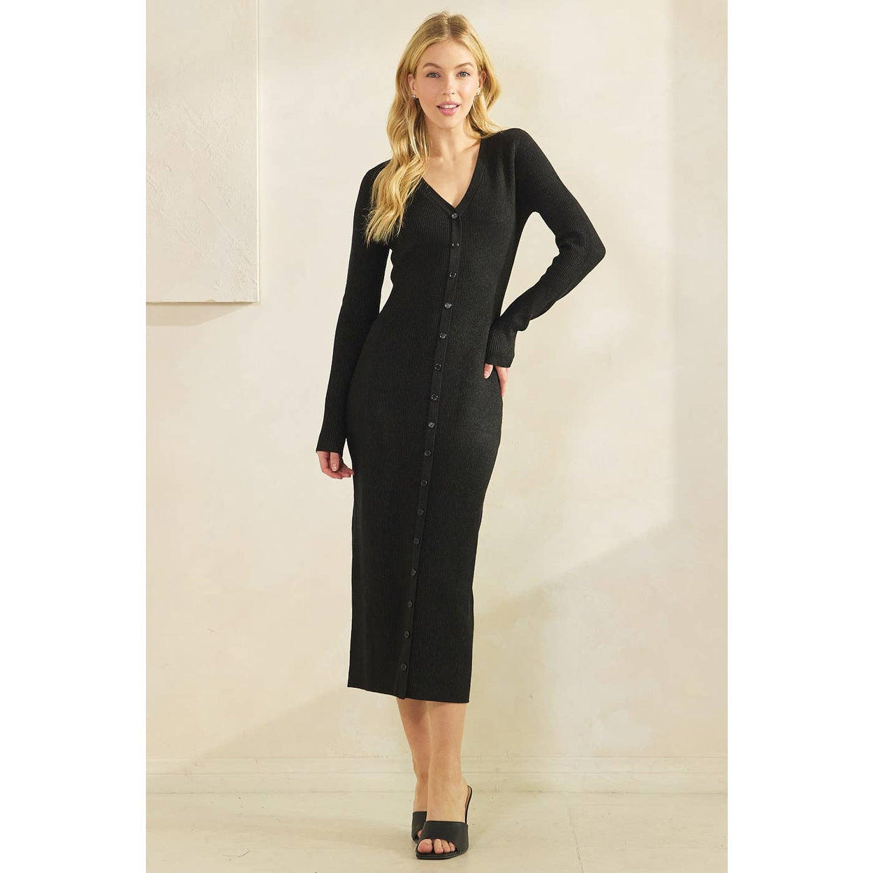 Black Button Down Sweater Midi Dress