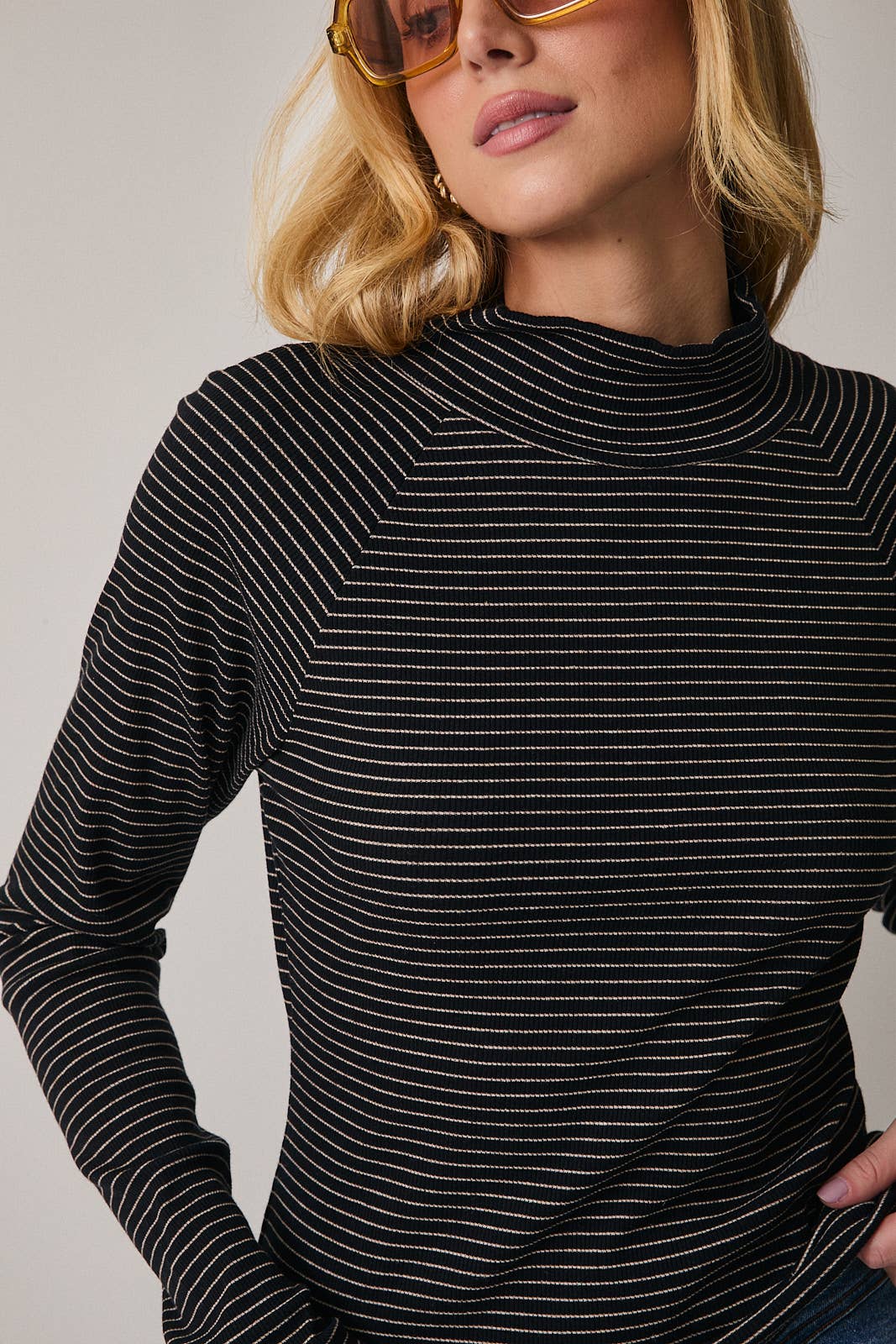 Black & Taupe Mock Neck Long Sleeve Stripe Top